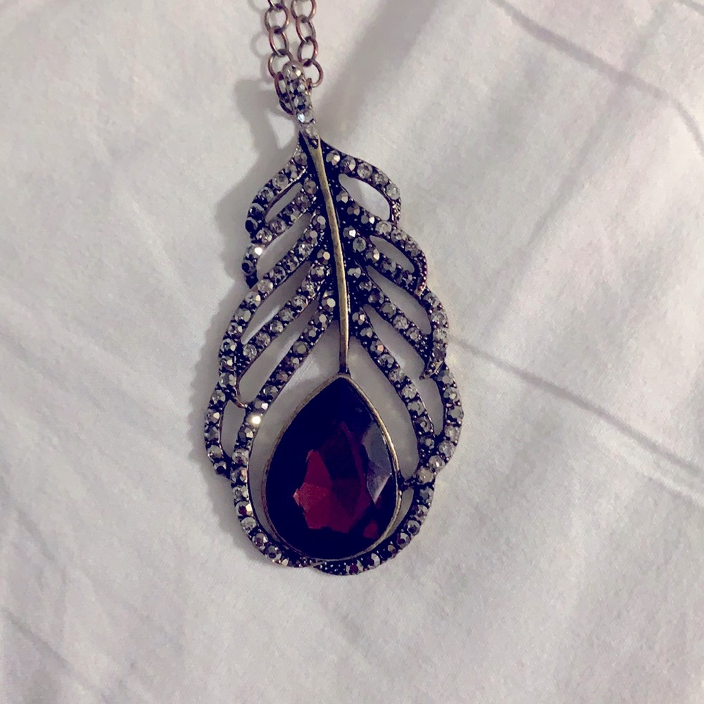 Purple rhinestone feather necklace